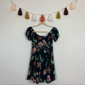 Astr the Label Off Shoulder Navy Blue Tropical Floral Print Mini Dress Small